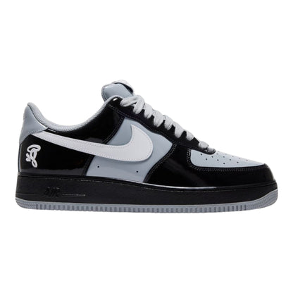 OFFCODE.USA Central Cee x Nike Air Force 1 Low 'Black White Smoke Grey' patent leather sneakers with white Swoosh and grey accents.