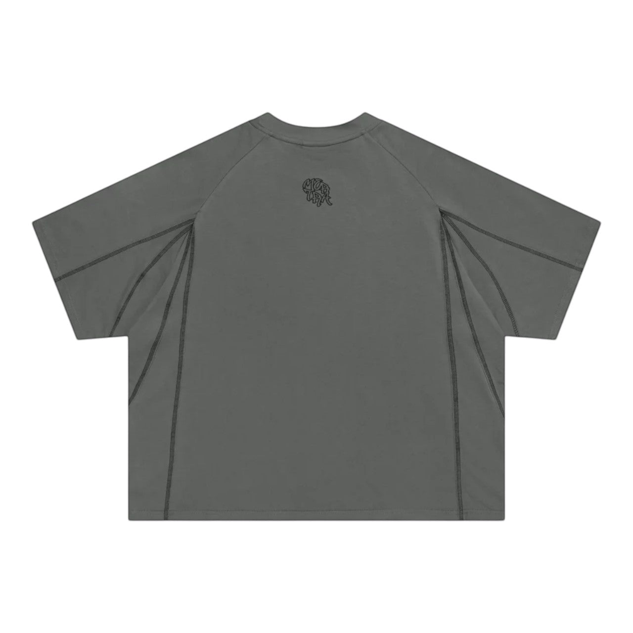 OFFCODE.USA charcoal grey 100% cotton boxy fit tee with overlock stitch panelling and embroidered graphics.