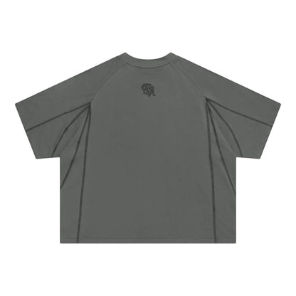 OFFCODE.USA charcoal grey 100% cotton boxy fit tee with overlock stitch panelling and embroidered graphics.