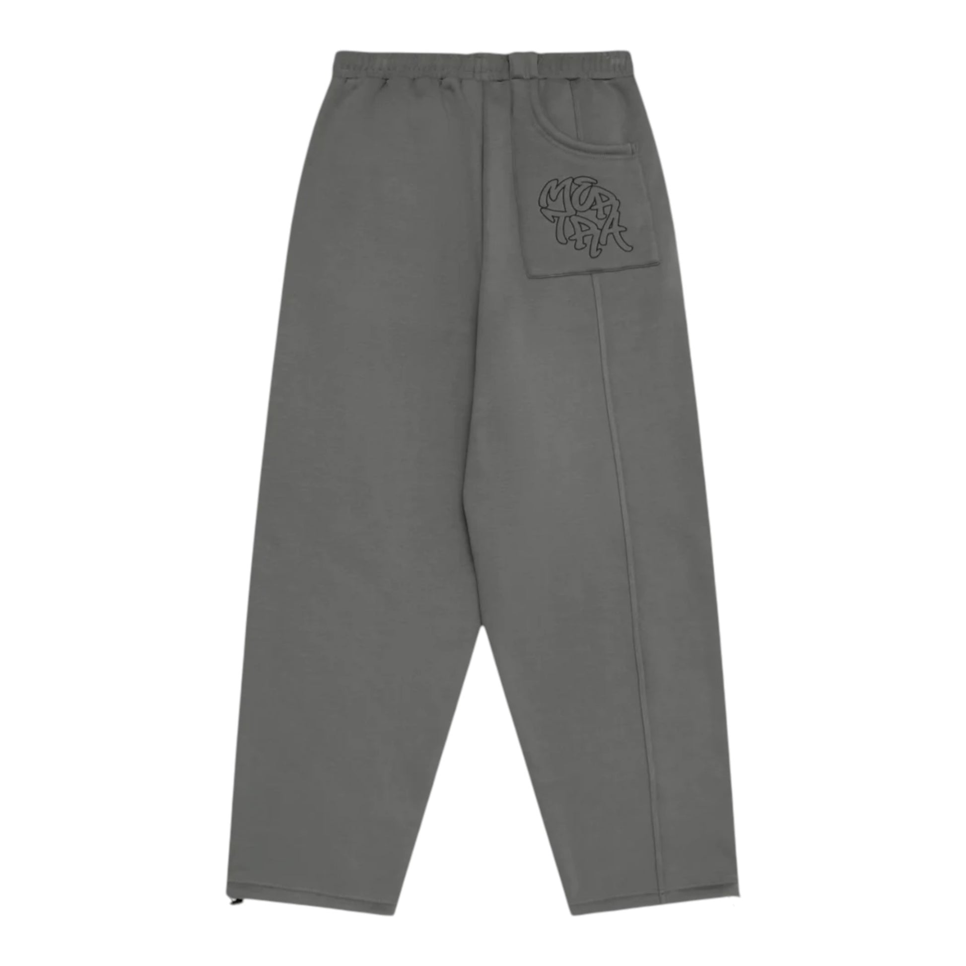 OFFCODE.USA charcoal grey cotton blend joggers with embroidered graphics on pocket and signature paneling. Wide leg fit.