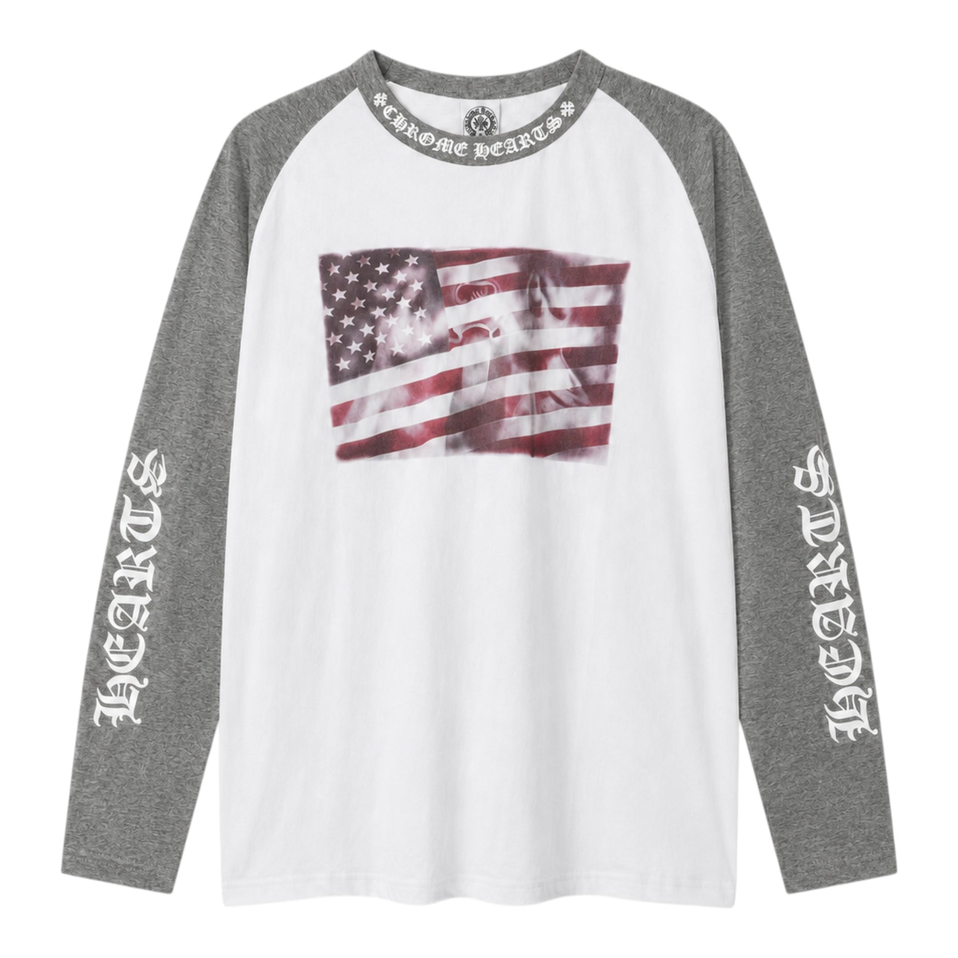 OFFCODE.USA Chrome Hearts raglan long sleeve shirt with American flag graphic, grey sleeves, and gothic logo print.