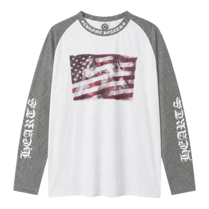OFFCODE.USA Chrome Hearts raglan long sleeve shirt with American flag graphic, grey sleeves, and gothic logo print.