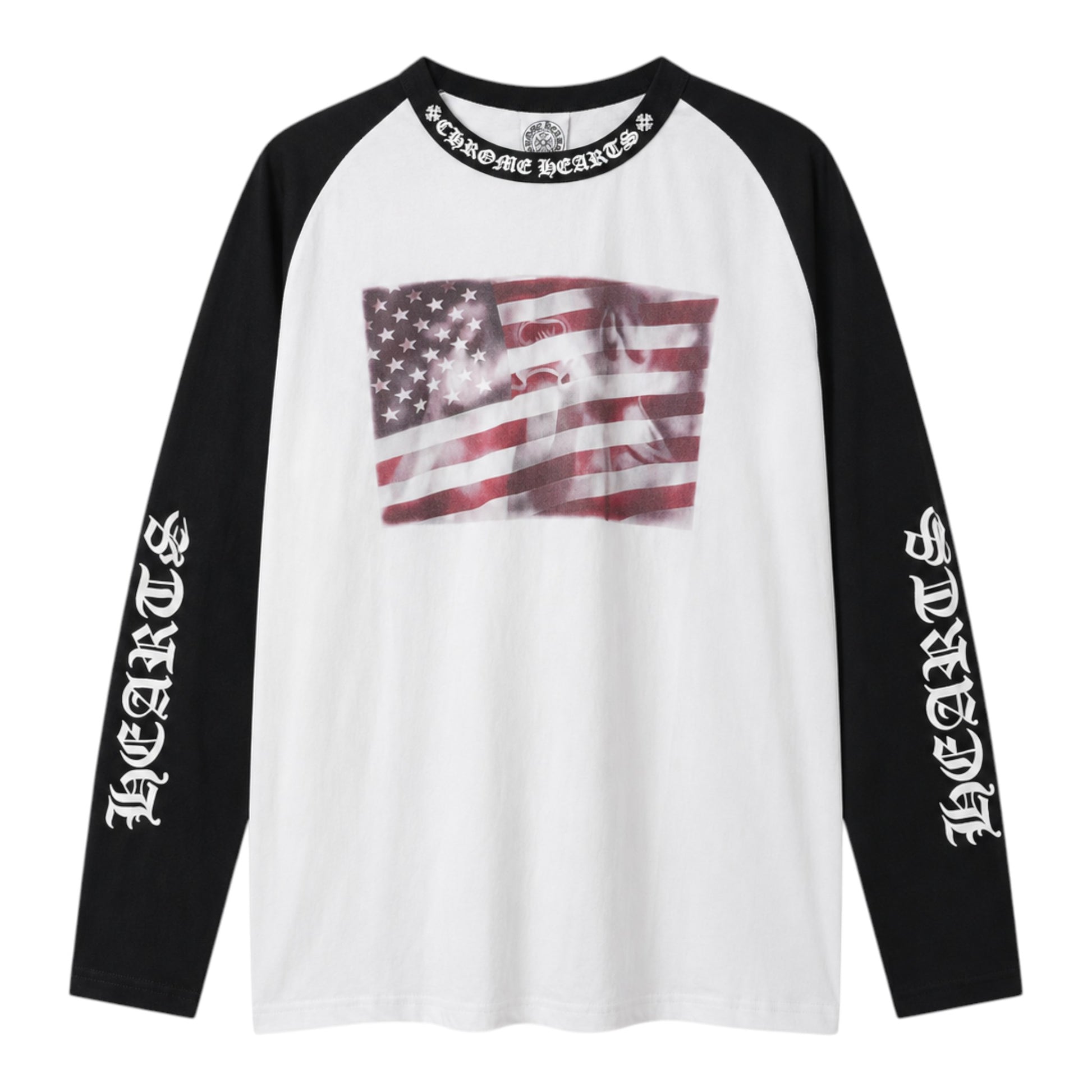 OFFCODE.USA Chrome Hearts raglan long sleeve shirt with American flag graphic and gothic text on sleeves