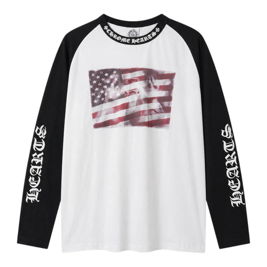 OFFCODE.USA Chrome Hearts raglan long sleeve shirt with American flag graphic and gothic text on sleeves