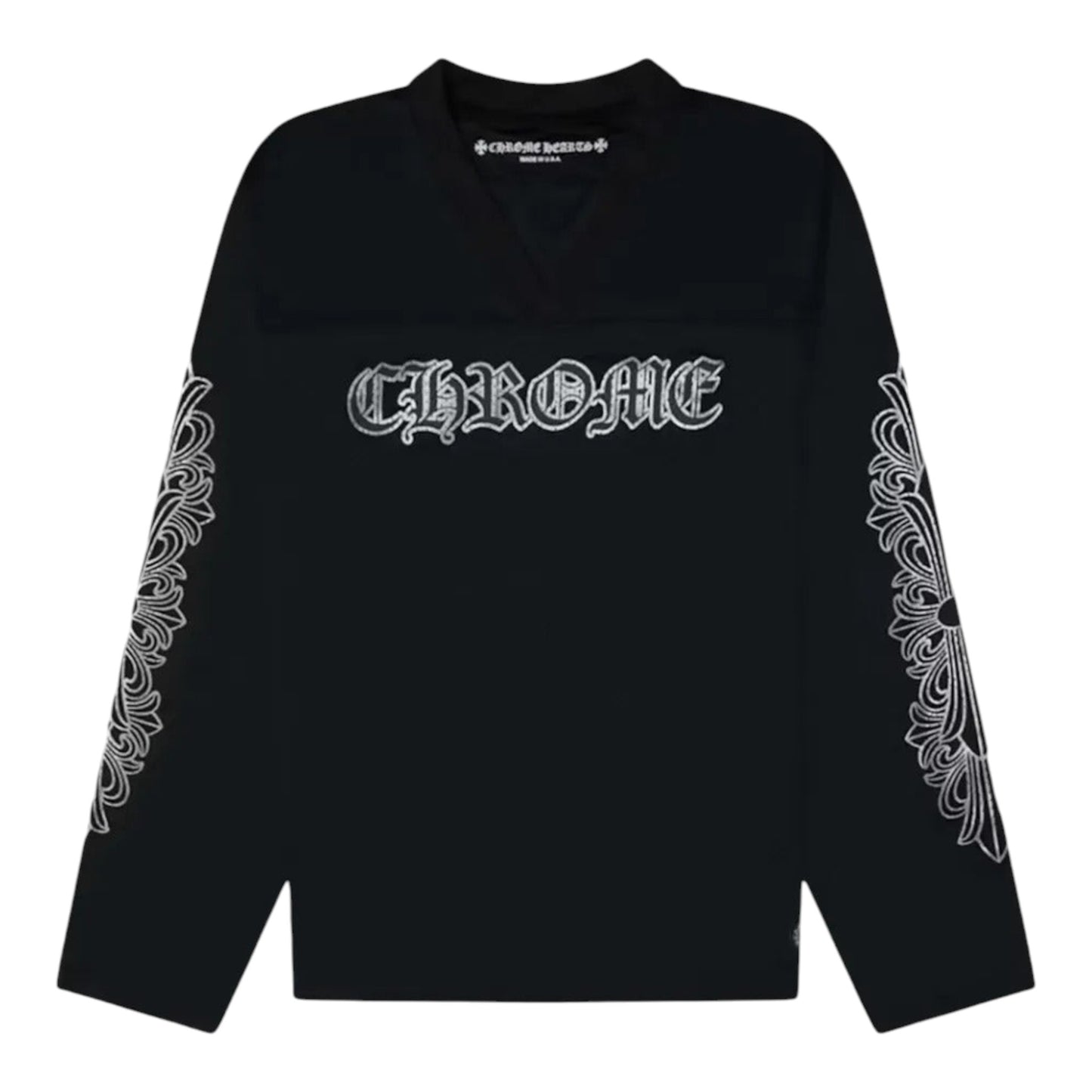 OFFCODE.USA Chrome Hearts black mesh long sleeve jersey with white gothic lettering and floral sleeve details.