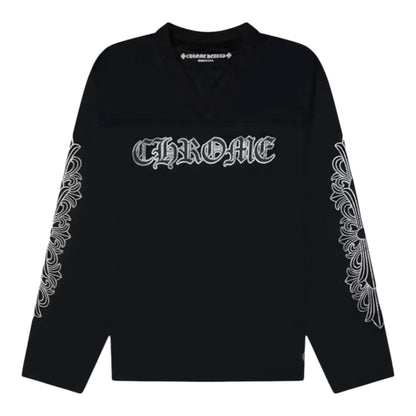 OFFCODE.USA Chrome Hearts black mesh long sleeve jersey with white gothic lettering and floral sleeve details.