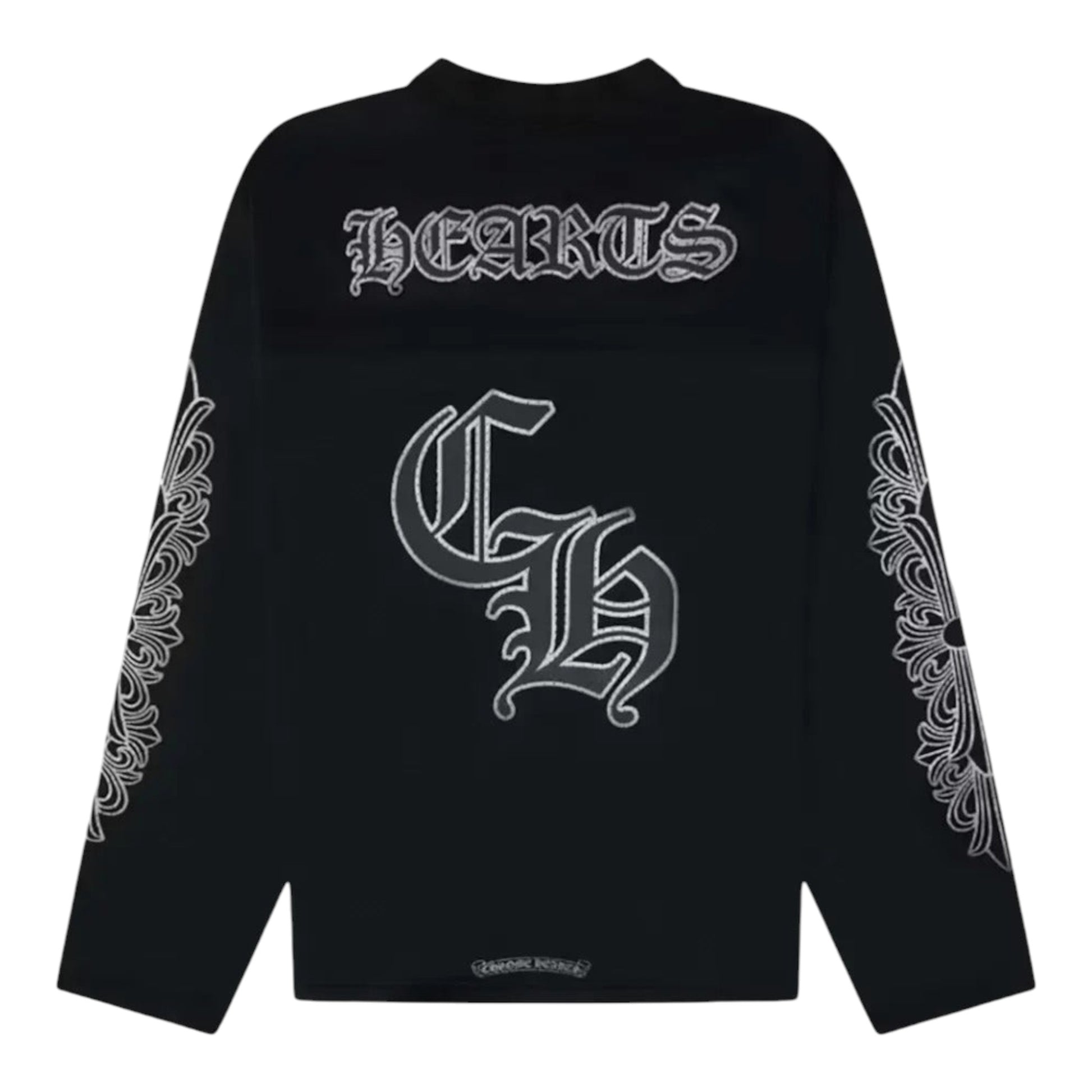 OFFCODE.USA Chrome Hearts black mesh long sleeve jersey with gothic lettering and ornate sleeve graphics