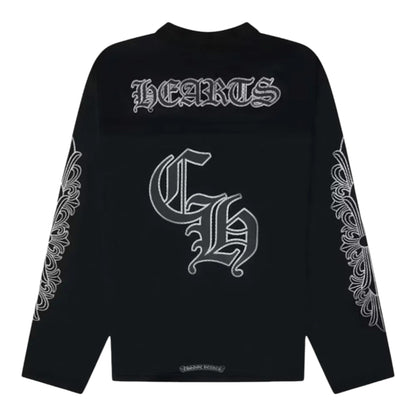OFFCODE.USA Chrome Hearts black mesh long sleeve jersey with gothic lettering and ornate sleeve graphics