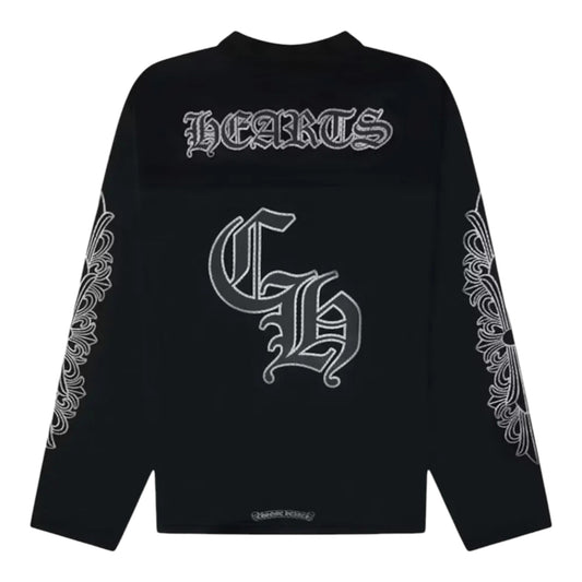 OFFCODE.USA Chrome Hearts black mesh long sleeve jersey with gothic lettering and ornate sleeve graphics