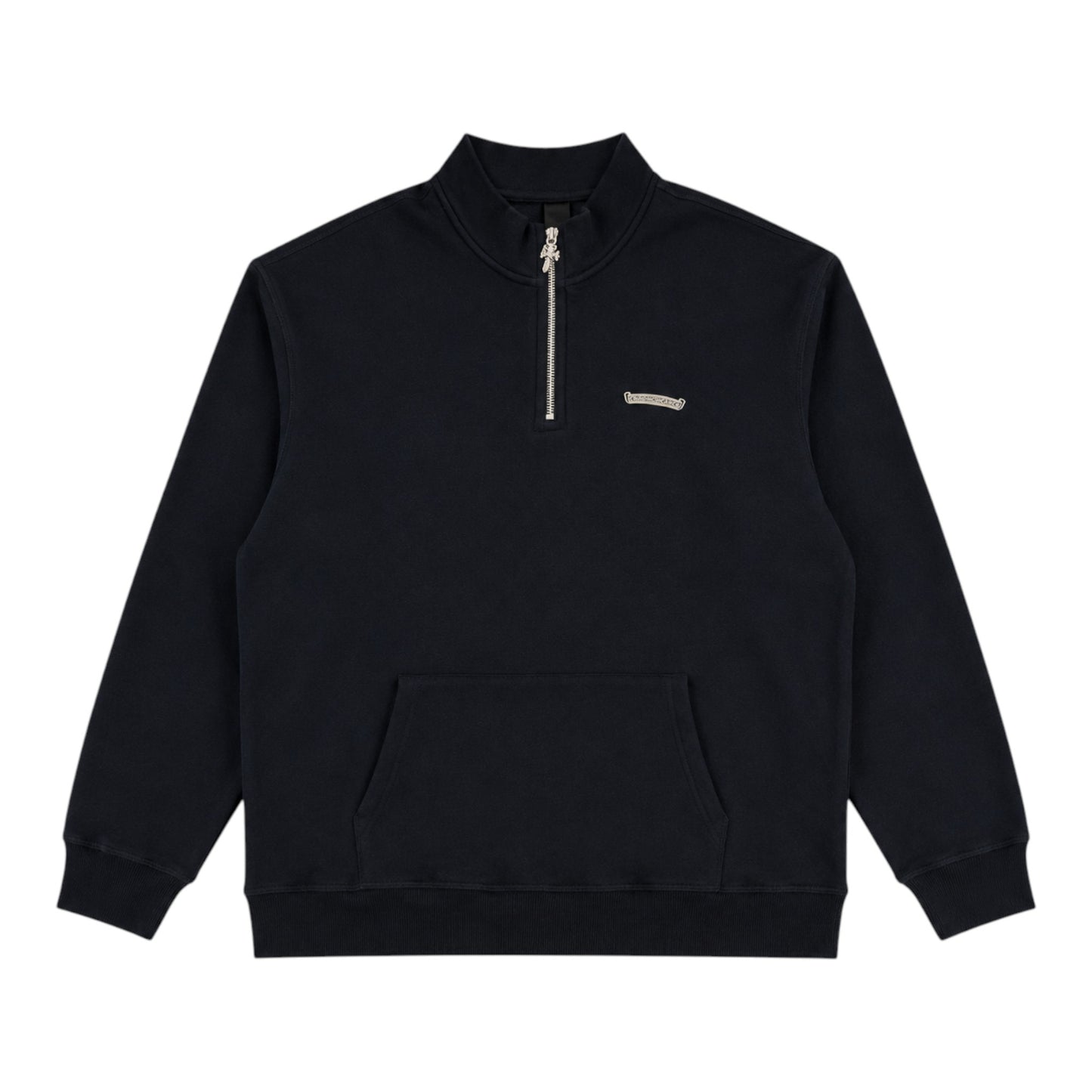OFFCODE.USA Chrome Hearts black quarter zip sweatshirt featuring a silver cross zipper pull and chest logo.