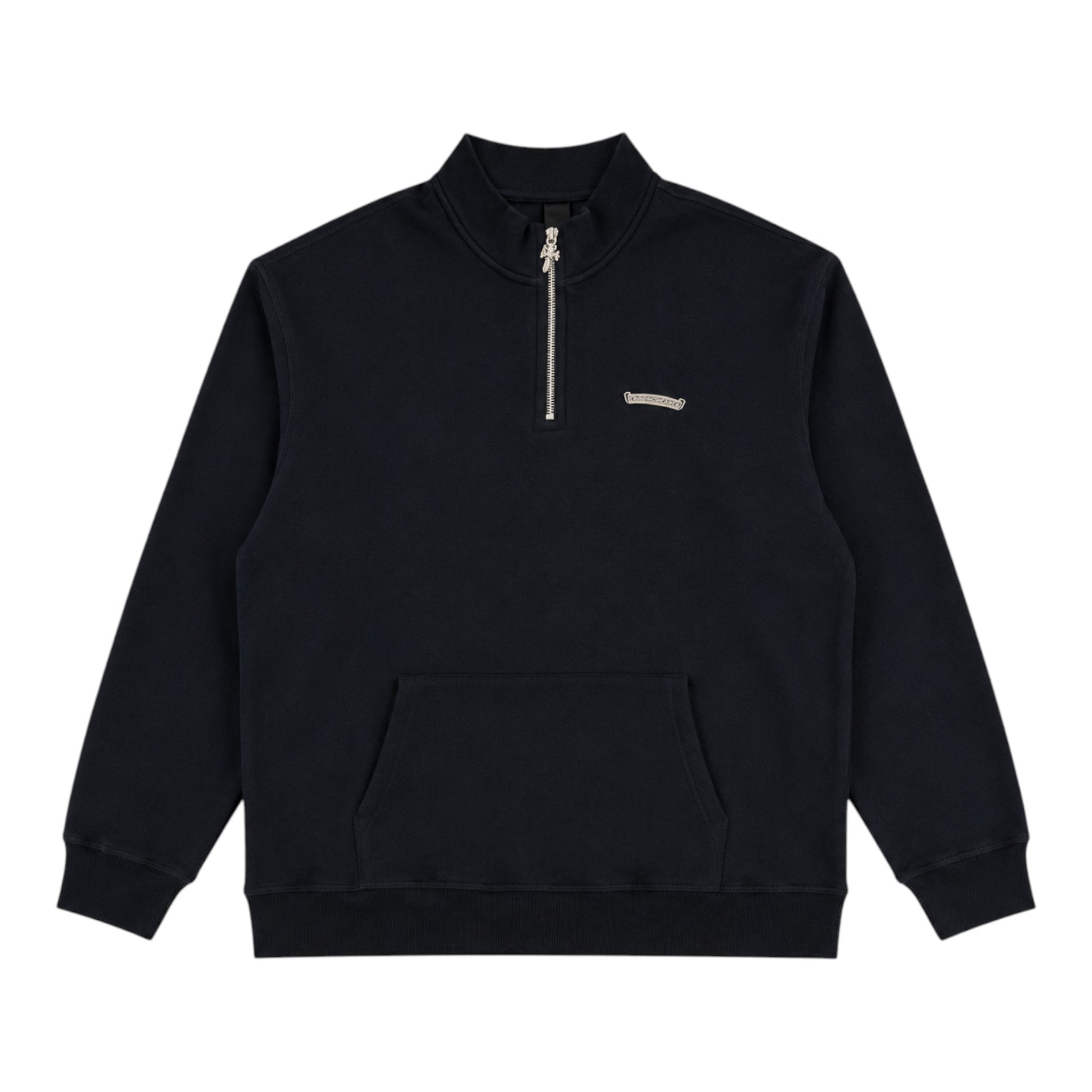 OFFCODE.USA Chrome Hearts black quarter zip sweatshirt featuring a silver cross zipper pull and chest logo.