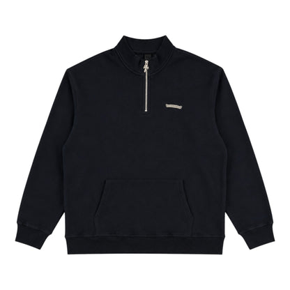 OFFCODE.USA Chrome Hearts black quarter zip sweatshirt featuring a silver cross zipper pull and chest logo.