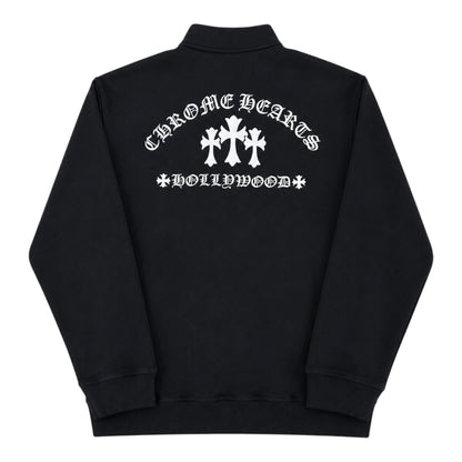 OFFCODE.USA black Chrome Hearts Triple Cross Hollywood quarter zip sweatshirt with white back graphic