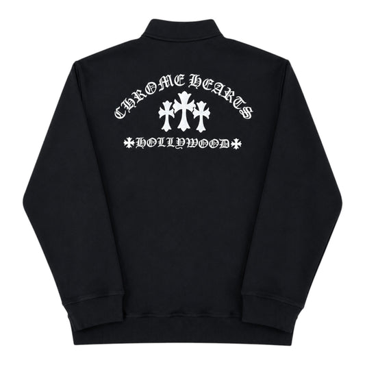 OFFCODE.USA black Chrome Hearts Triple Cross Hollywood quarter zip sweatshirt with white back graphic
