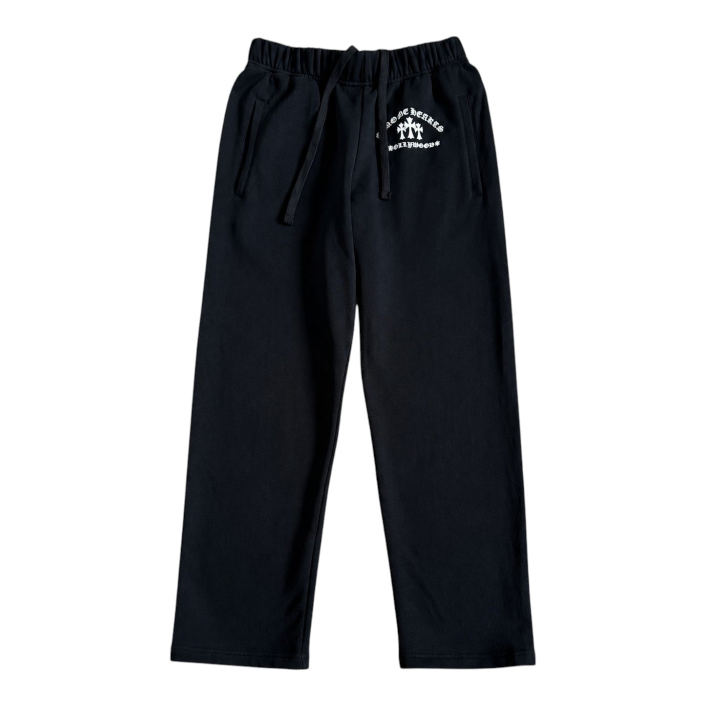 OFFCODE.USA black Chrome Hearts King Taco sweatpants featuring white triple cross embroidery and an elastic waistband.