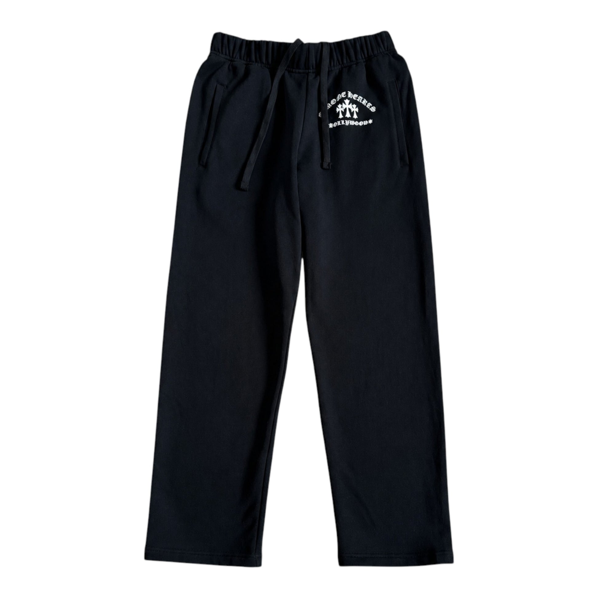 OFFCODE.USA black Chrome Hearts King Taco sweatpants featuring white triple cross embroidery and an elastic waistband.