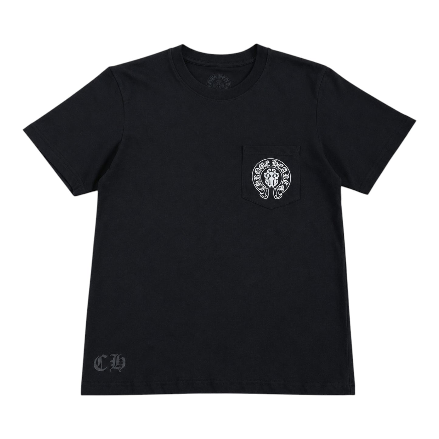 OFFCODE.USA black Chrome Hearts t-shirt featuring a chest pocket with white logo graphic and CH hem detail.