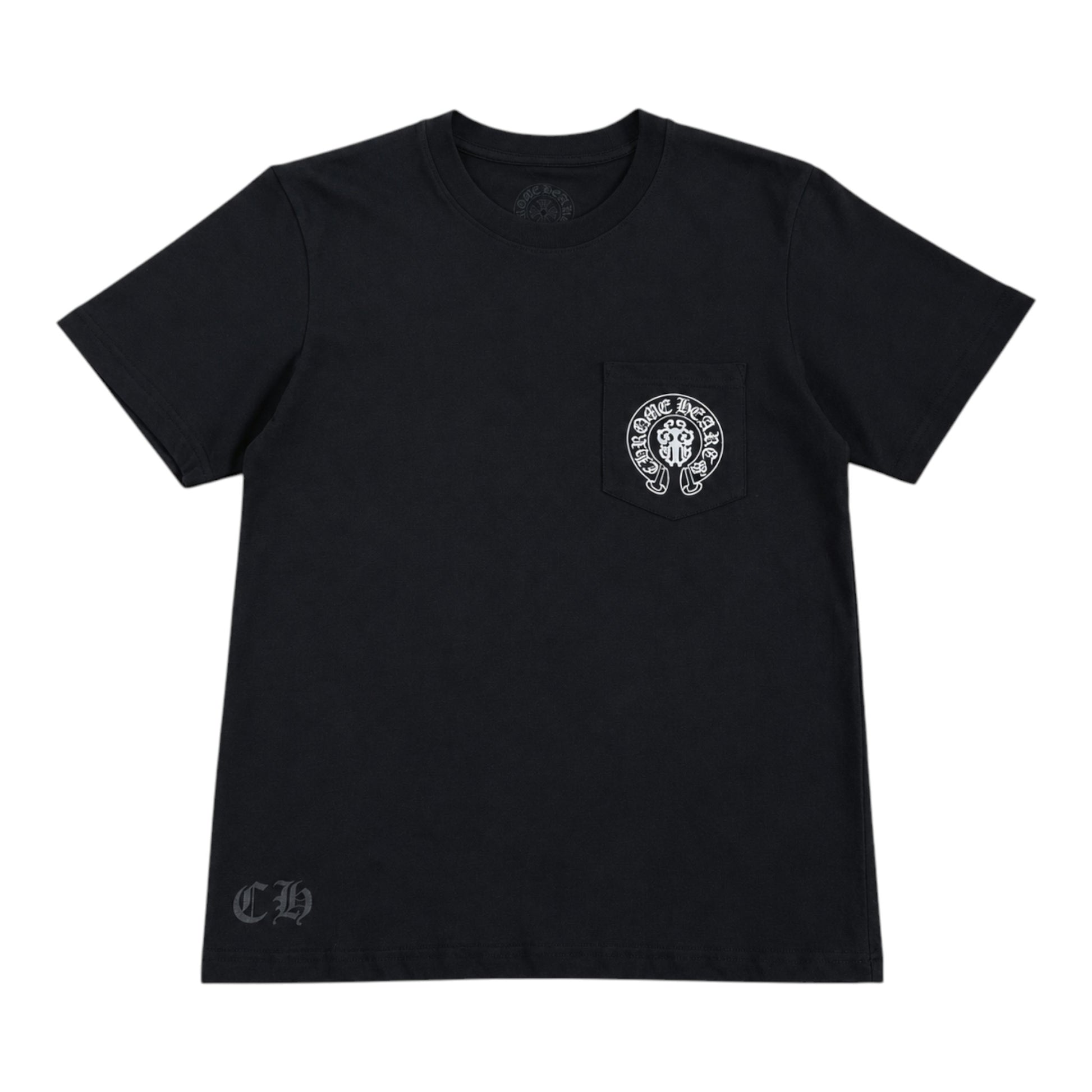 OFFCODE.USA black Chrome Hearts t-shirt featuring a chest pocket with white logo graphic and CH hem detail.