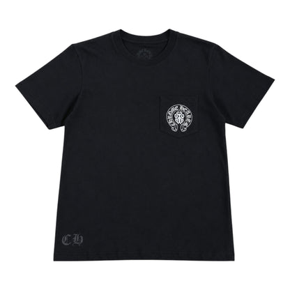 OFFCODE.USA black Chrome Hearts t-shirt featuring a chest pocket with white logo graphic and CH hem detail.