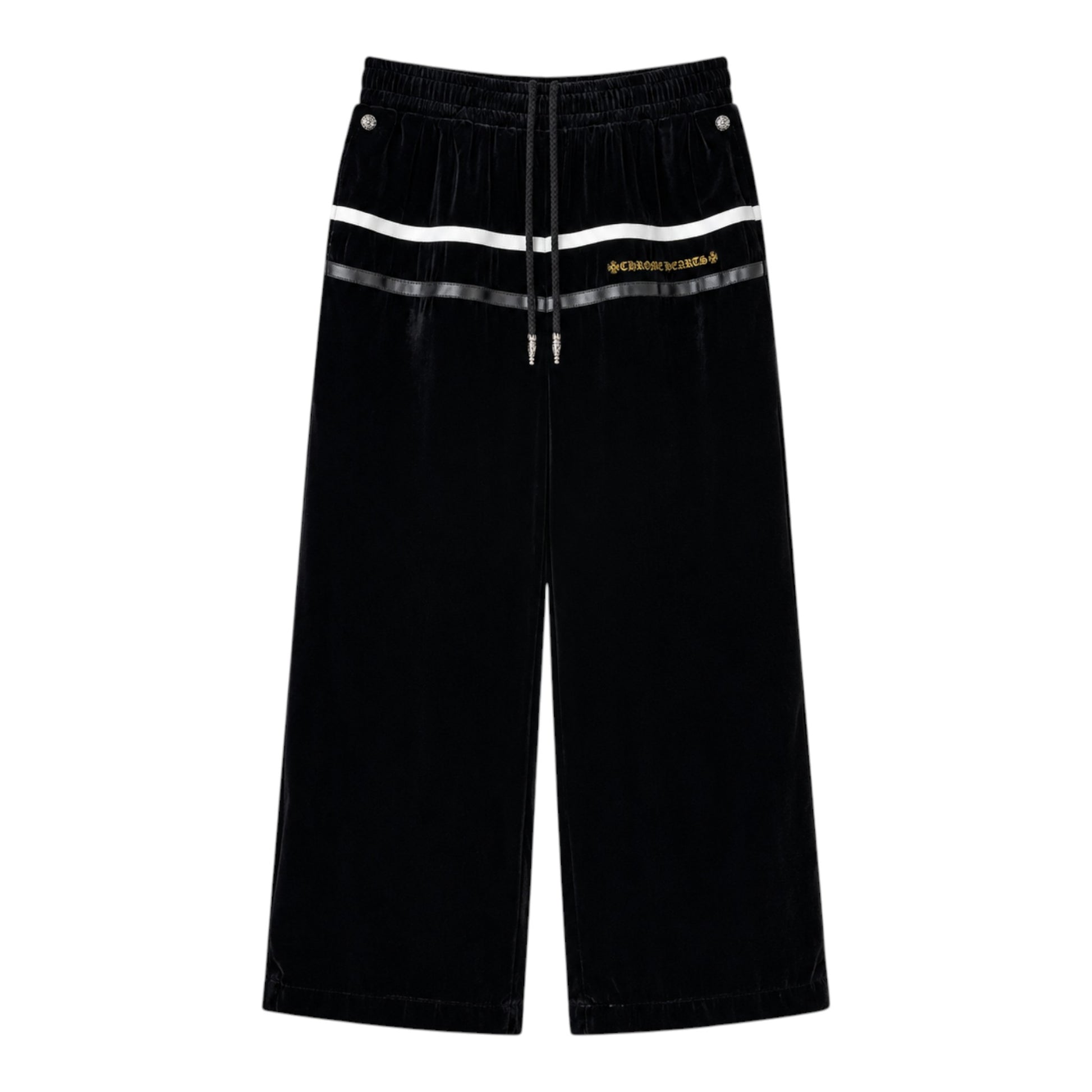 OFFCODE.USA Chrome Hearts So It Goes black velour track pants with white stripe detail and gold logo embroidery.