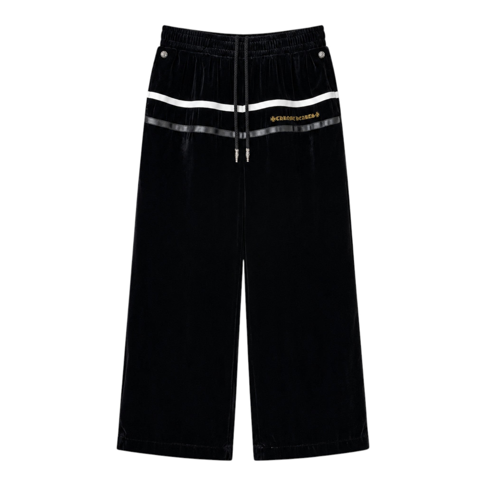 OFFCODE.USA Chrome Hearts So It Goes black velour track pants with white stripe detail and gold logo embroidery.
