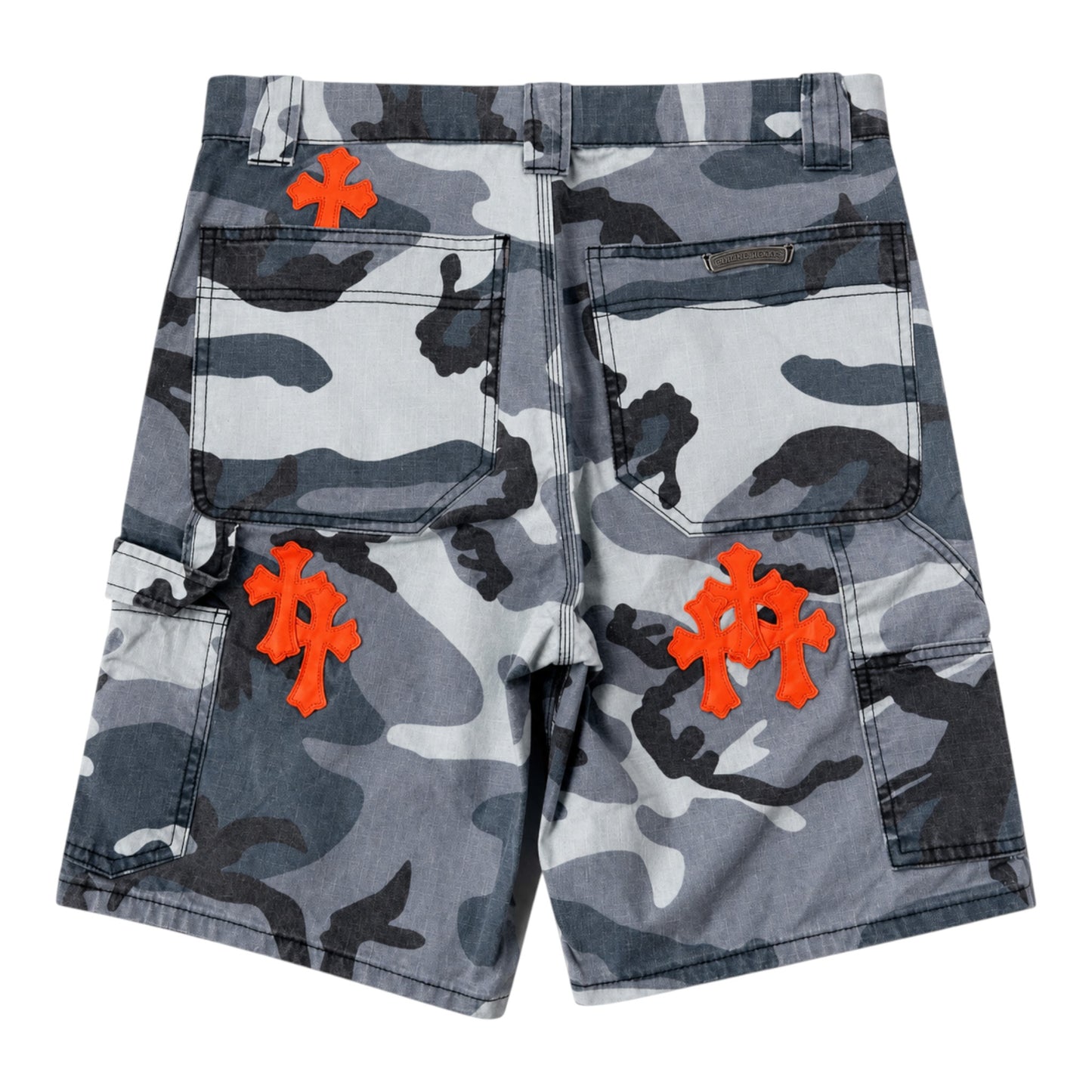 OFFCODE.USA Chrome Hearts St Barth arctic camouflage cargo shorts with bright orange cross patches on the back