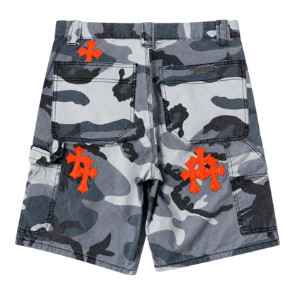 OFFCODE.USA Chrome Hearts St Barth arctic camouflage cargo shorts with bright orange cross patches on the back