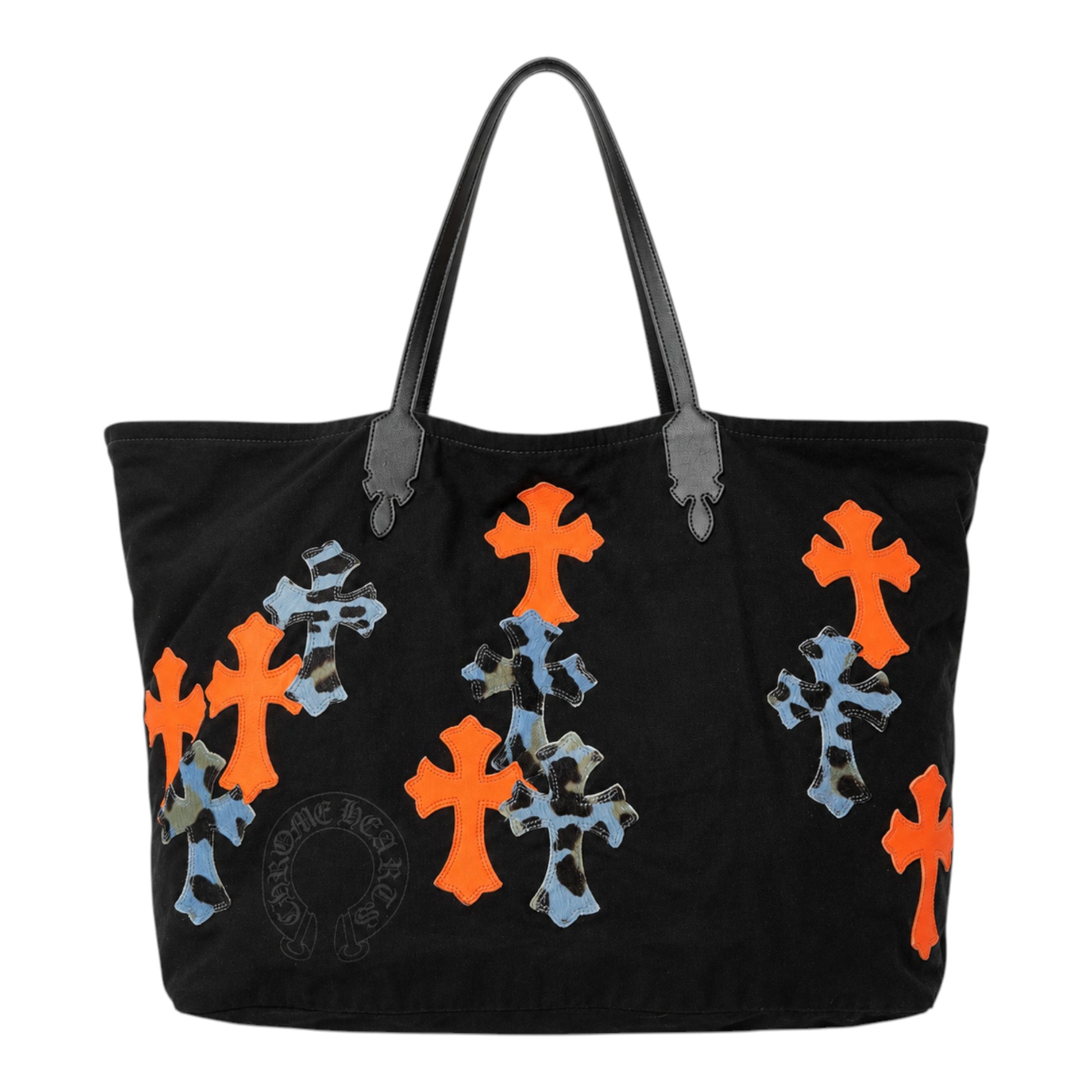 OFFCODE.USA Chrome Hearts black tote bag featuring orange and blue leopard print cross patches and leather handles.