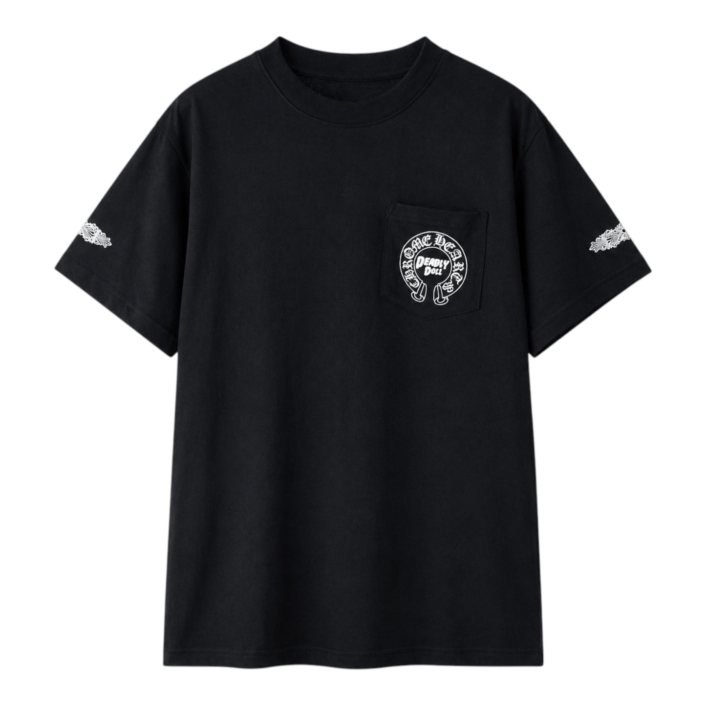 OFFCODE.USA black short sleeve t-shirt with Chrome Hearts x Deadly Doll chest pocket logo and sleeve graphic