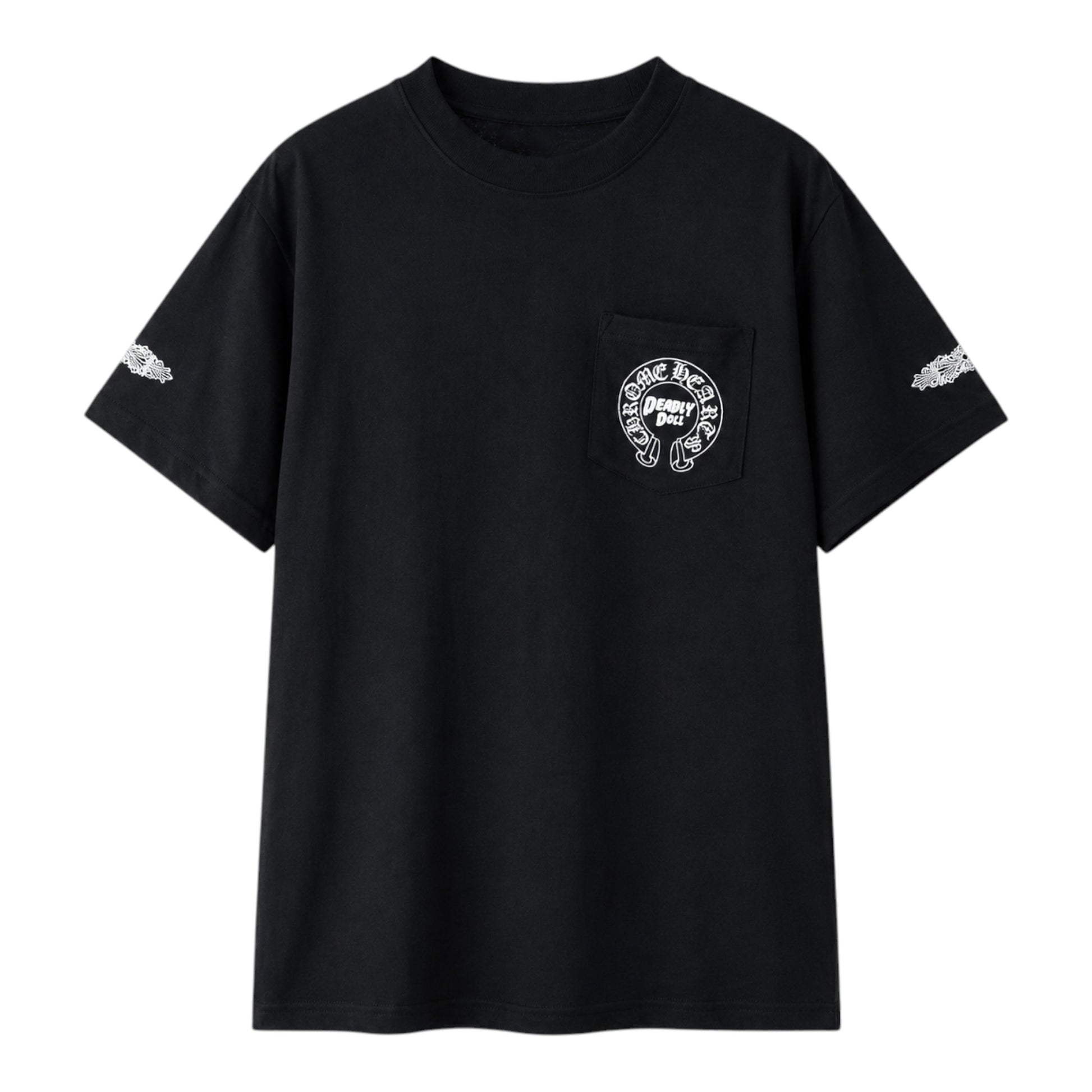 OFFCODE.USA black short sleeve t-shirt with Chrome Hearts x Deadly Doll chest pocket logo and sleeve graphic