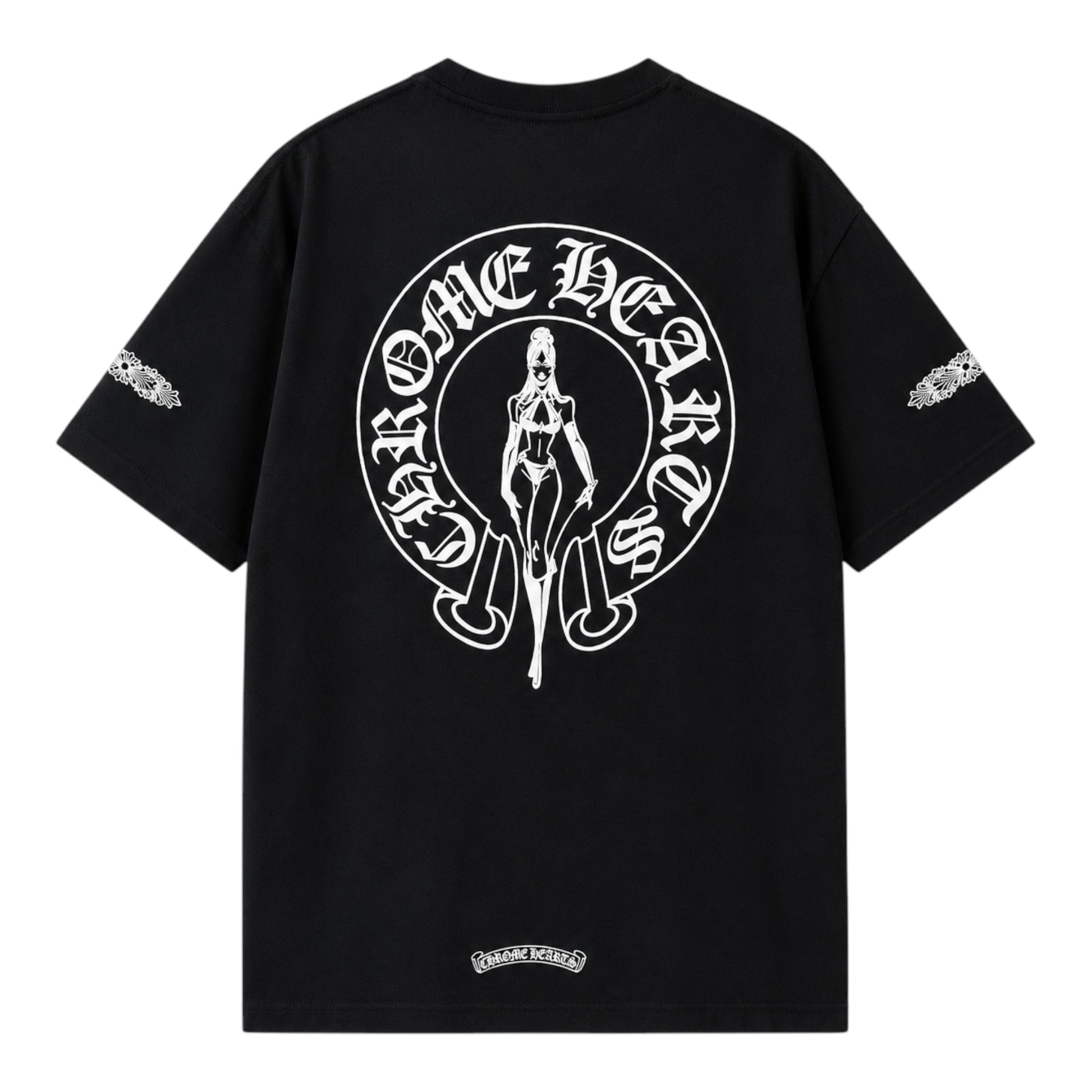 OFFCODE.USA black short sleeve t-shirt featuring a white Chrome Hearts x Deadly Doll graphic on the back