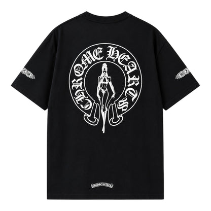 OFFCODE.USA black short sleeve t-shirt featuring a white Chrome Hearts x Deadly Doll graphic on the back