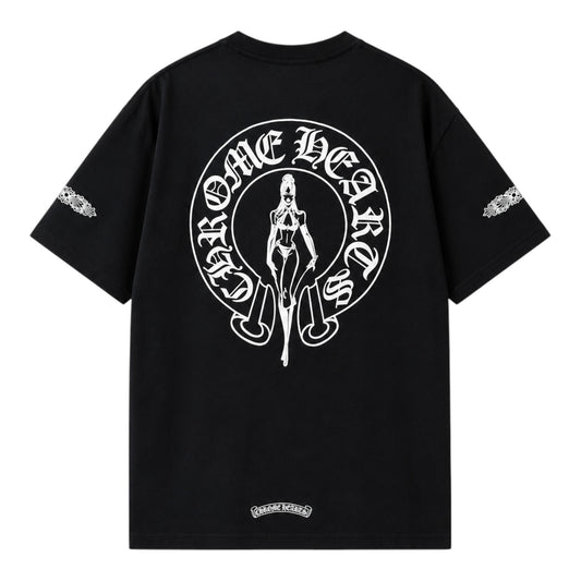 OFFCODE.USA black short sleeve t-shirt featuring a white Chrome Hearts x Deadly Doll graphic on the back