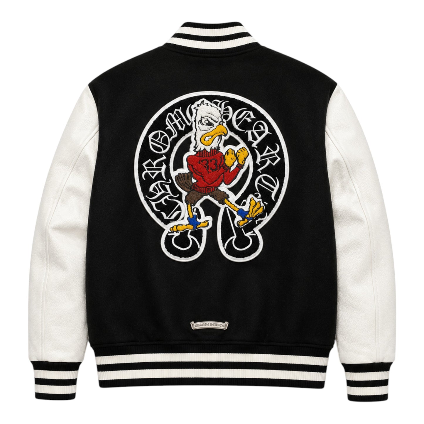 OFFCODE.USA Chrome Hearts Eagle Varsity Jacket with black body, white sleeves, and eagle graphic.