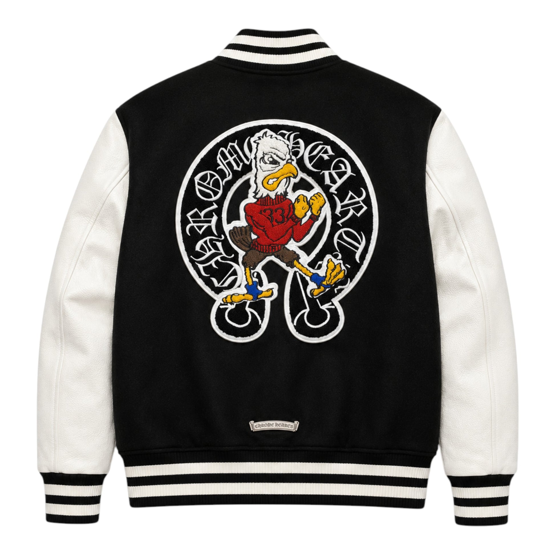 OFFCODE.USA Chrome Hearts Eagle Varsity Jacket with black body, white sleeves, and eagle graphic.