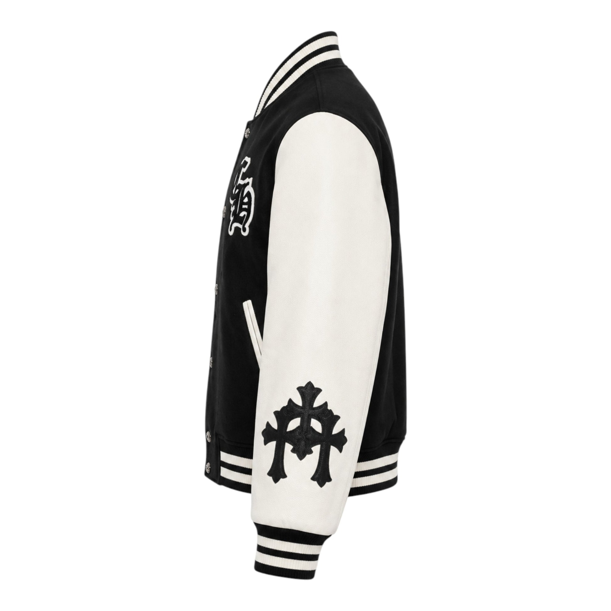 OFFCODE.USA Chrome Hearts Eagle Varsity Jacket in black with white leather sleeves and striped cuffs. Features embroidered cross detail.