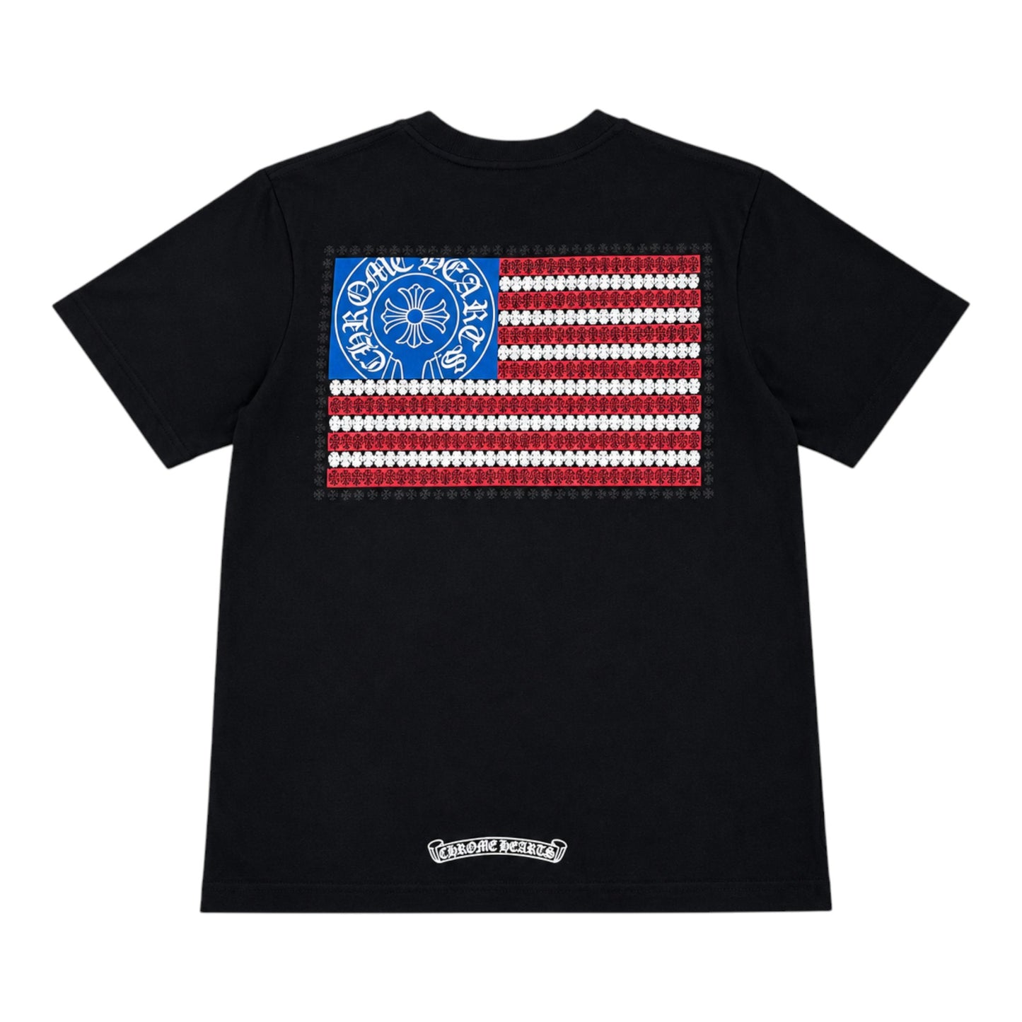 OFFCODE.USA black t-shirt featuring a Chrome Hearts American flag graphic with cross motifs on the back