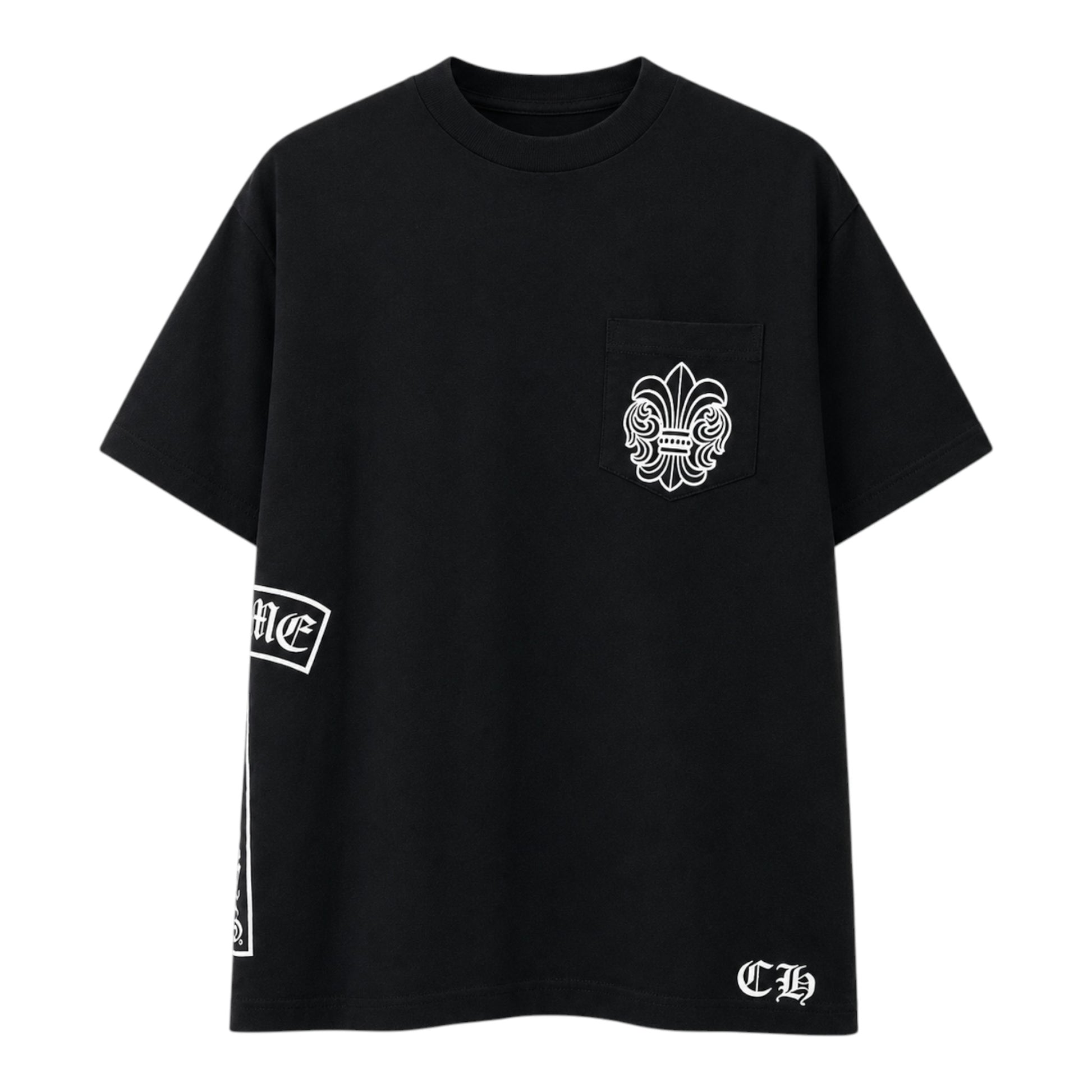 OFFCODE.USA black cotton Chrome Hearts BS Flare pocket t-shirt with white vertical logo graphics