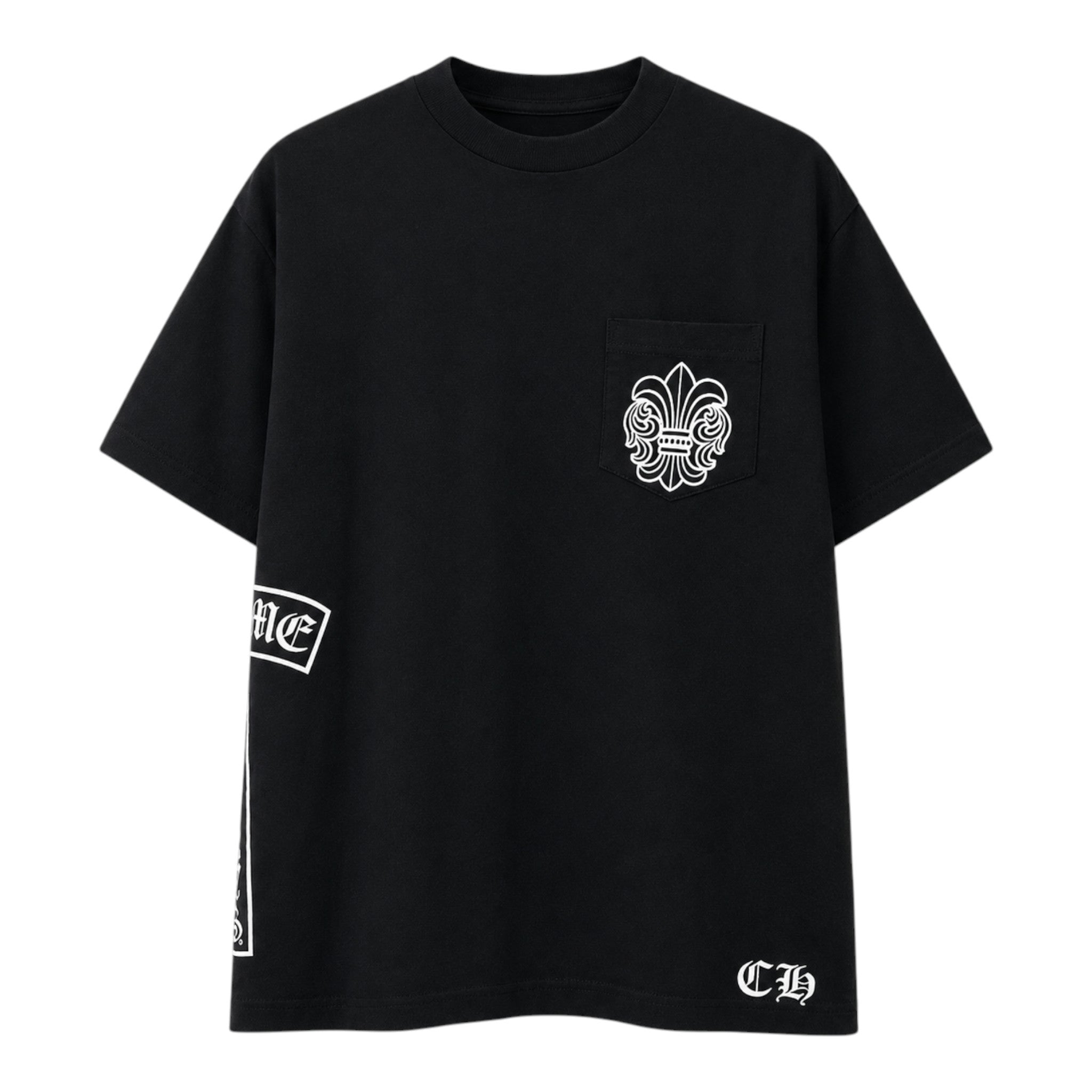 OFFCODE.USA black cotton Chrome Hearts BS Flare pocket t-shirt with white vertical logo graphics