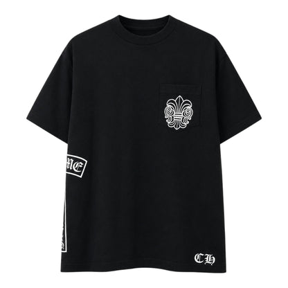 OFFCODE.USA black cotton Chrome Hearts BS Flare pocket t-shirt with white vertical logo graphics
