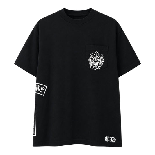OFFCODE.USA black cotton Chrome Hearts BS Flare pocket t-shirt with white vertical logo graphics