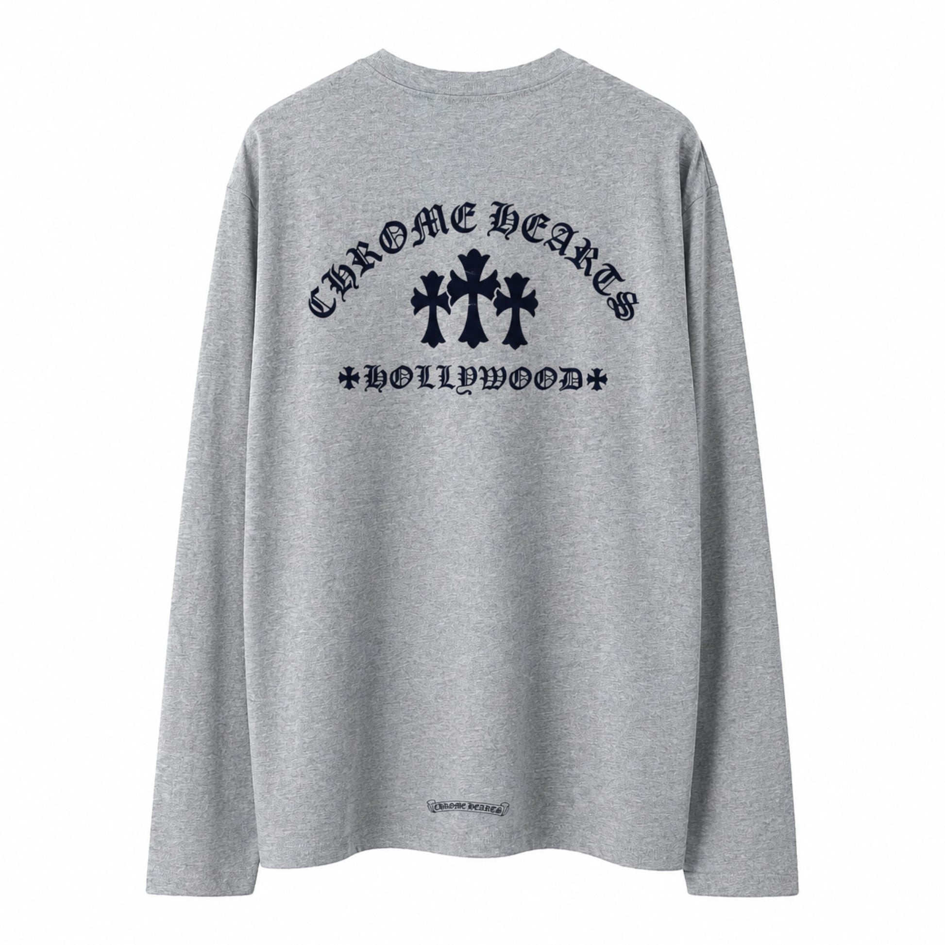 OFFCODE.USA grey long sleeve t-shirt featuring a black Chrome Hearts Triple Cross Hollywood graphic on the back