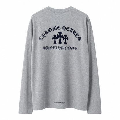 OFFCODE.USA grey long sleeve t-shirt featuring a black Chrome Hearts Triple Cross Hollywood graphic on the back