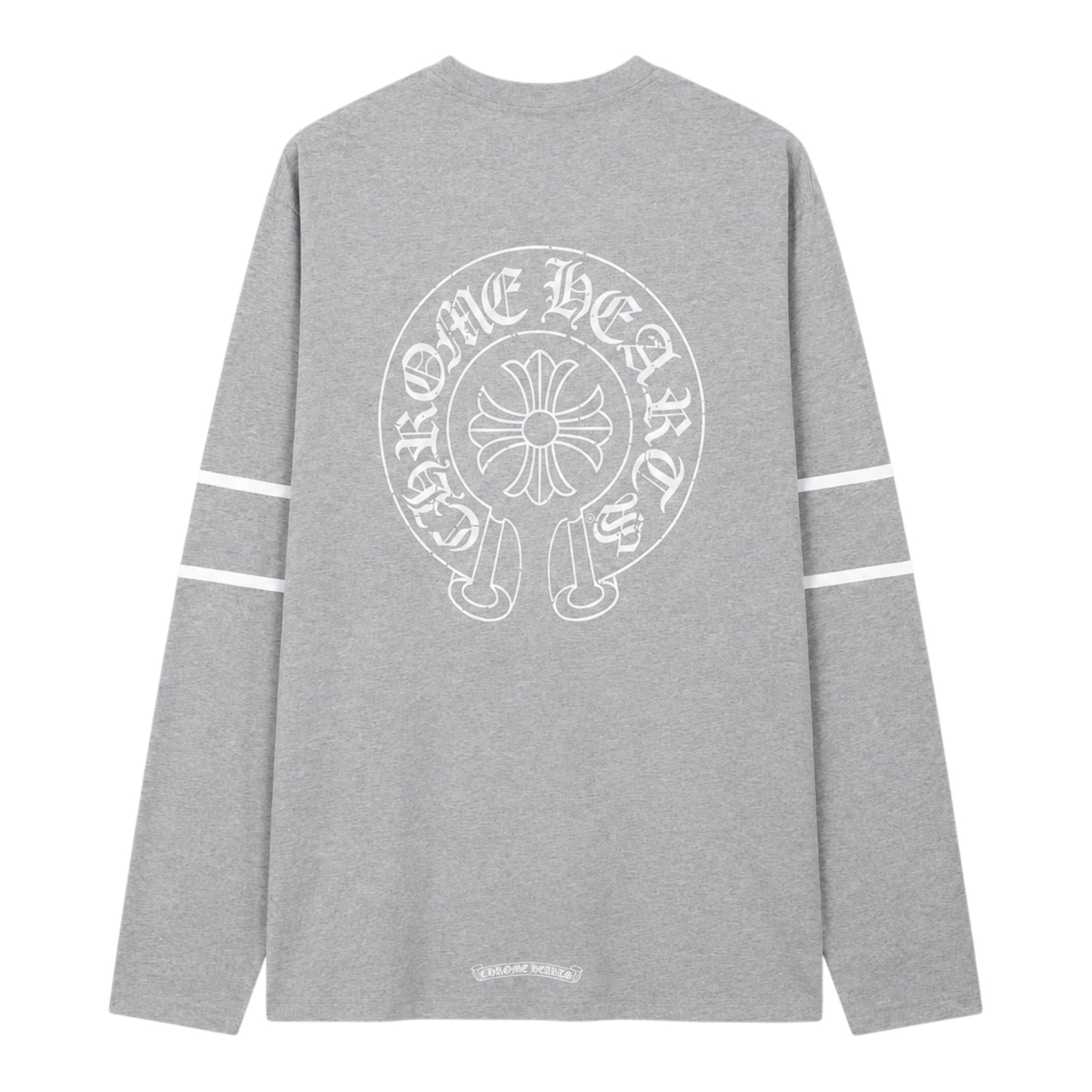 OFFCODE.USA grey Chrome Hearts 33 Horseshoe long sleeve tee with white graphic print and sleeve stripes
