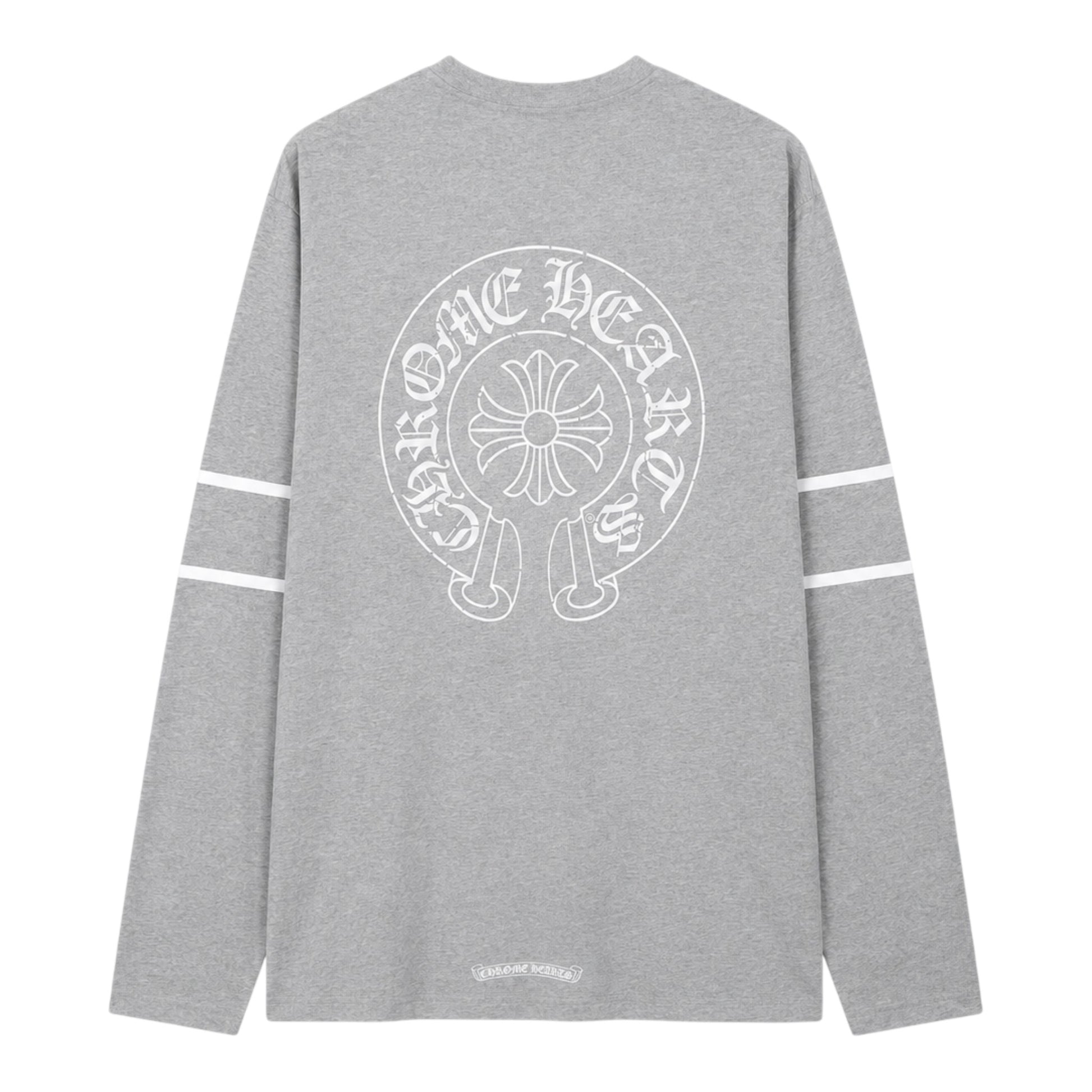 OFFCODE.USA grey Chrome Hearts 33 Horseshoe long sleeve tee with white graphic print and sleeve stripes