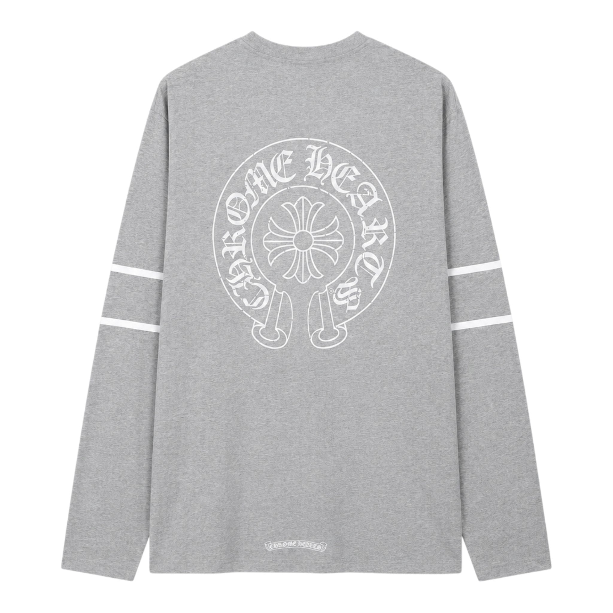 OFFCODE.USA grey Chrome Hearts 33 Horseshoe long sleeve tee with white graphic print and sleeve stripes