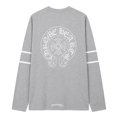 OFFCODE.USA grey Chrome Hearts 33 Horseshoe long sleeve tee with white graphic print and sleeve stripes