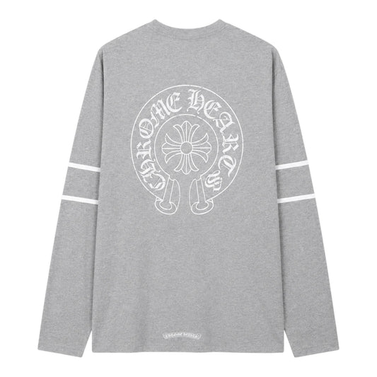 OFFCODE.USA grey Chrome Hearts 33 Horseshoe long sleeve tee with white graphic print and sleeve stripes