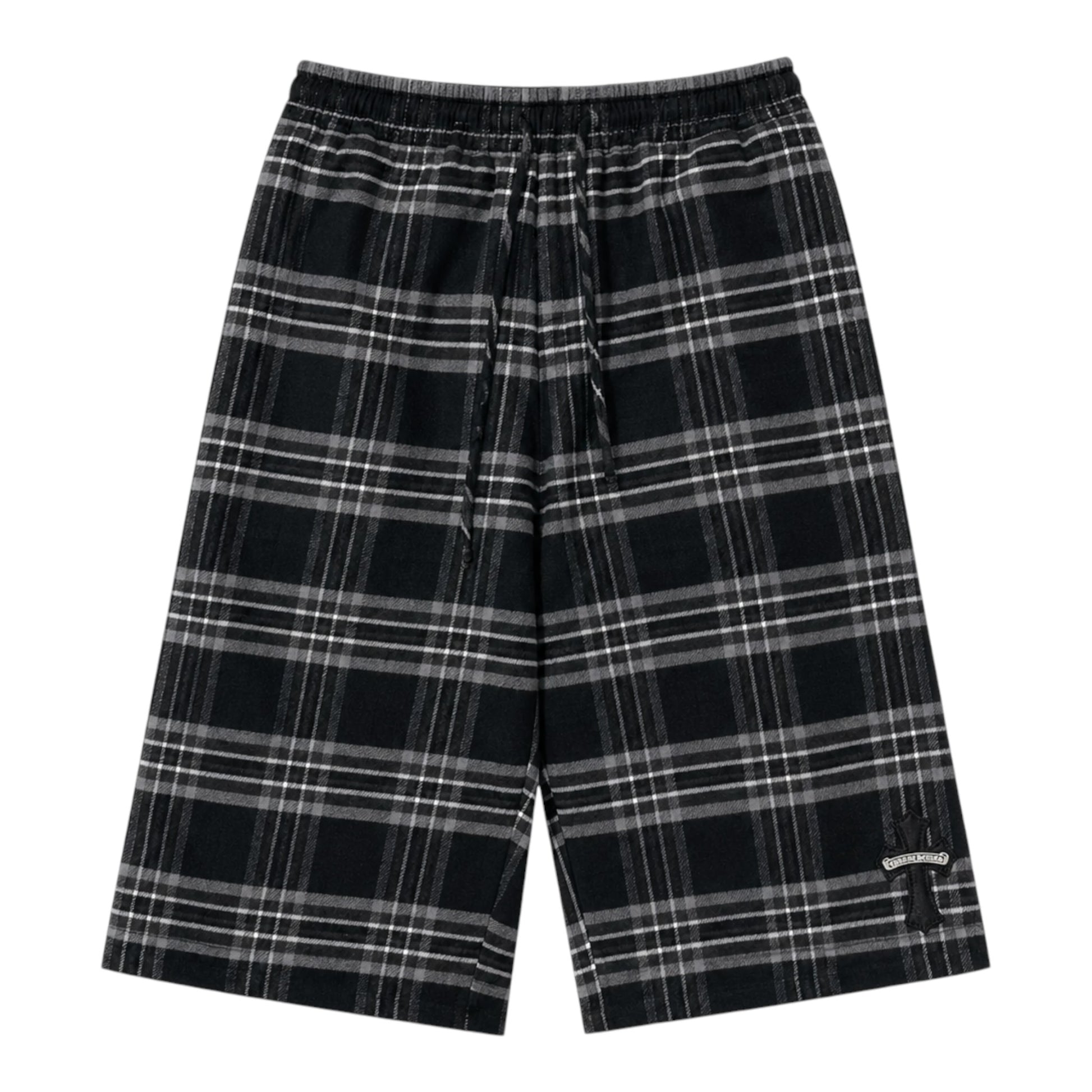 OFFCODE.USA Chrome Hearts grey plaid flannel shorts featuring a black cross patch detail and an elastic drawstring waist