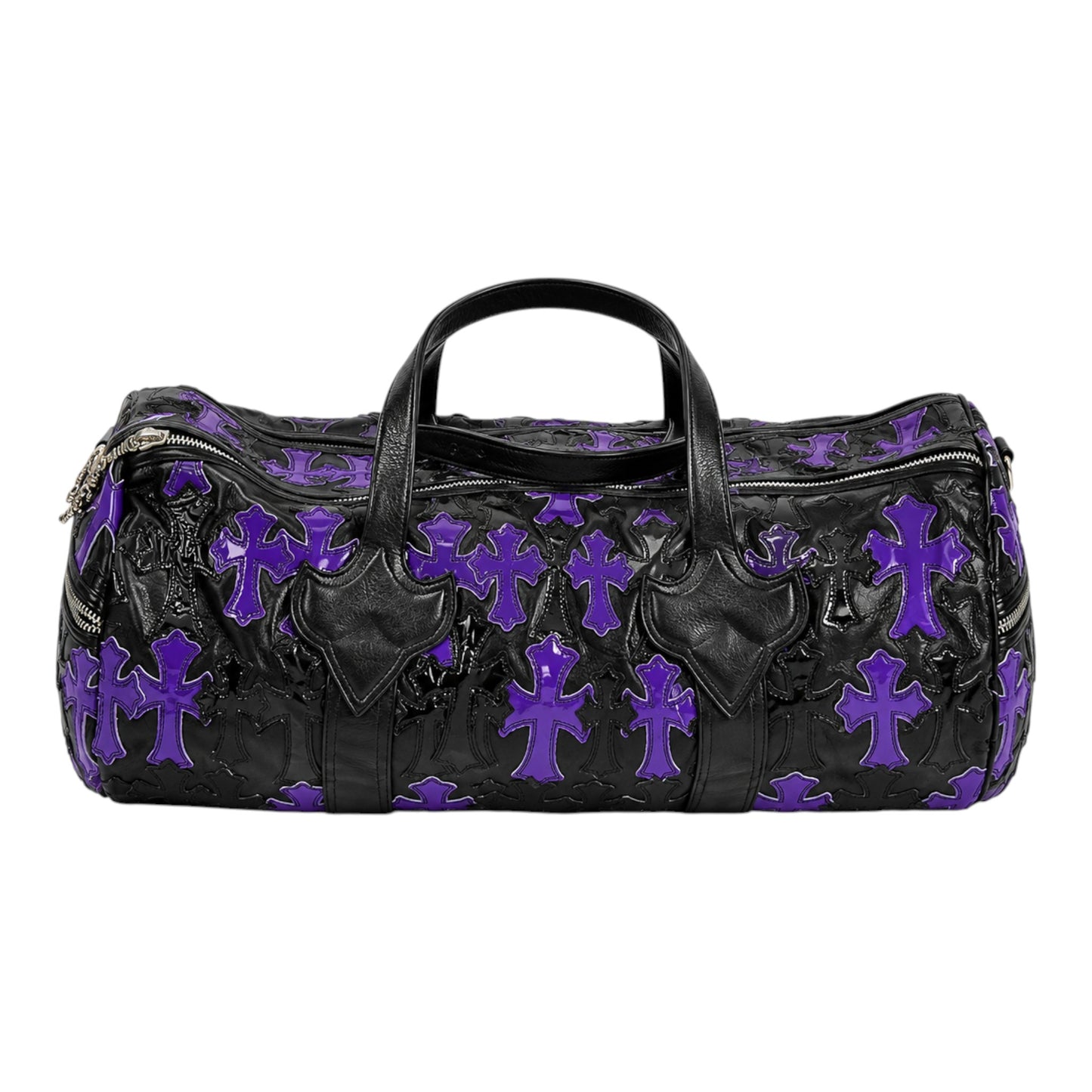 OFFCODE.USA Chrome Hearts black leather duffle bag featuring purple cross patches and sterling silver hardware.